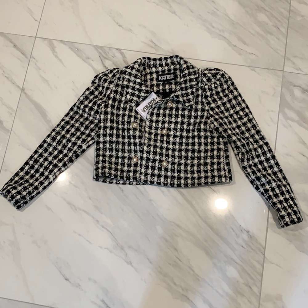 Katie J NYC woman’s short black & white shirt jacket